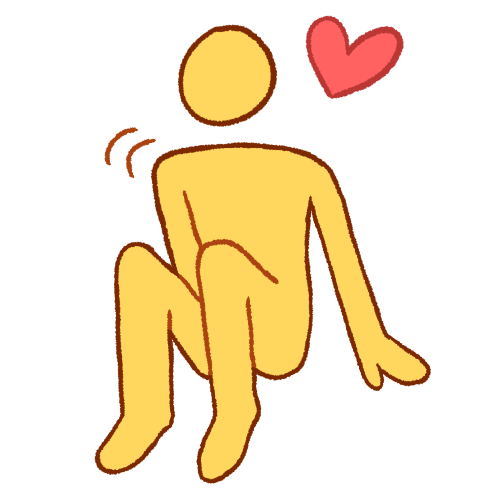 a digitally drawn image of an emoji yellow person sitting on the ground with their knees up and one hand on the ground. their other hand is hidden near their genitals and movement lines imply they are masturbating. there is a pink heart next to their head.